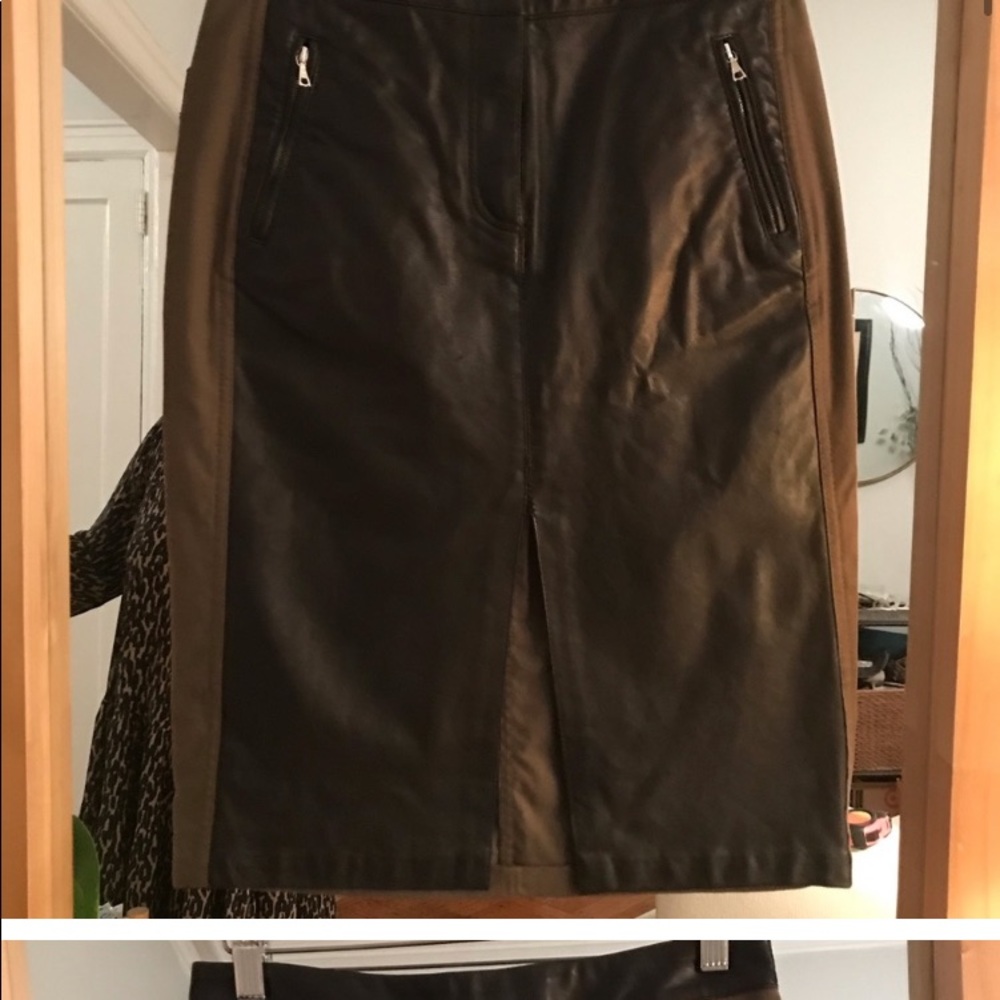 MW Lambskin Leather Army Green Canvas MIDI Skirt - Picture 6 of 11